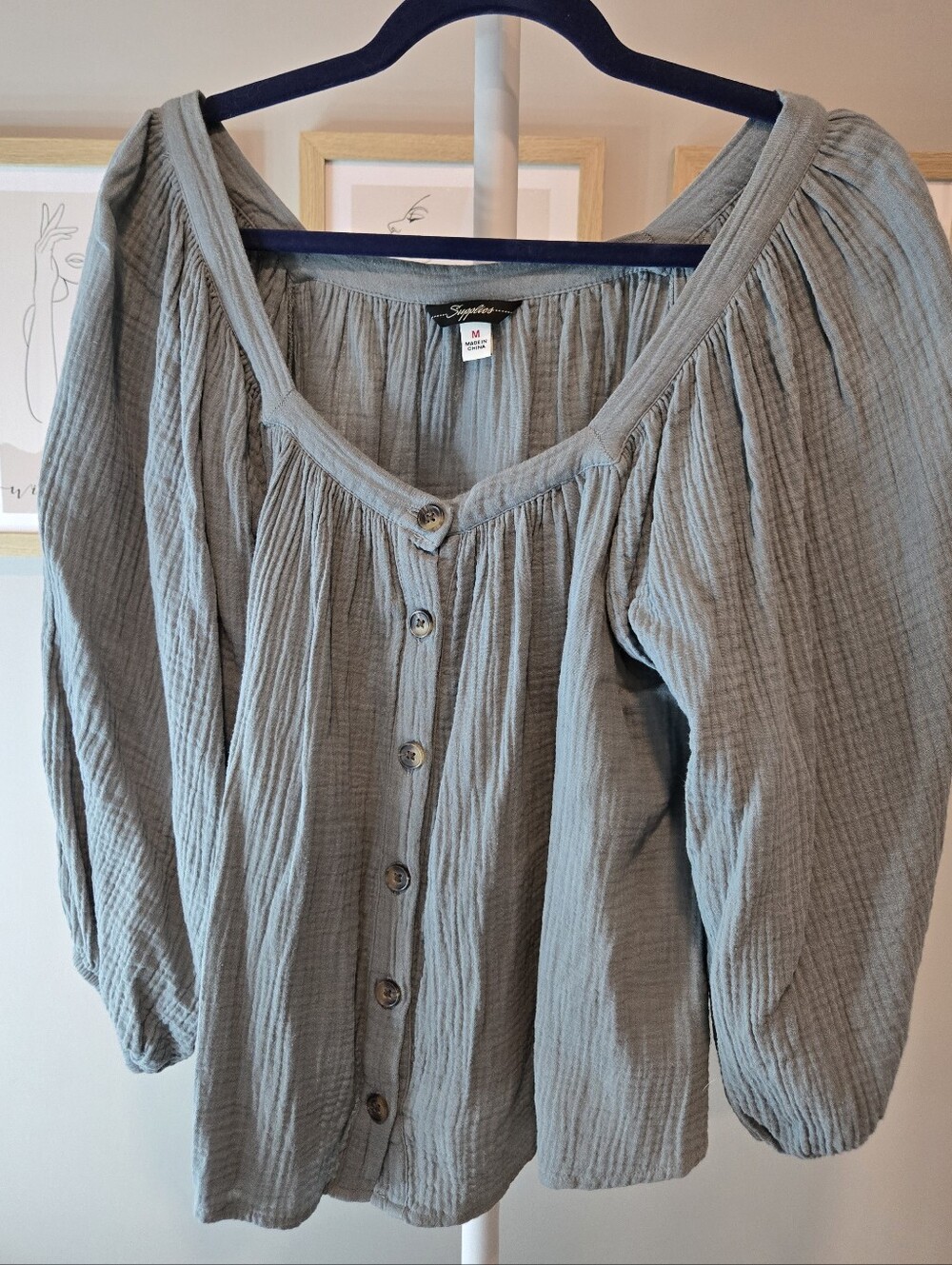 Signature Relaxed Cotton Button-Front Blouse in Dusty Blue